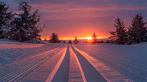 Winter In Norway Snow Colors Clouds Landscape Trees Road Sky