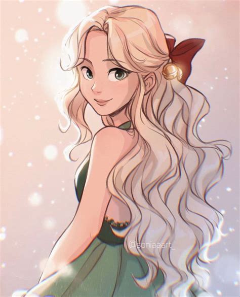 A Drawing Of A Girl With Long Blonde Hair Wearing A Green Dress In The Snow
