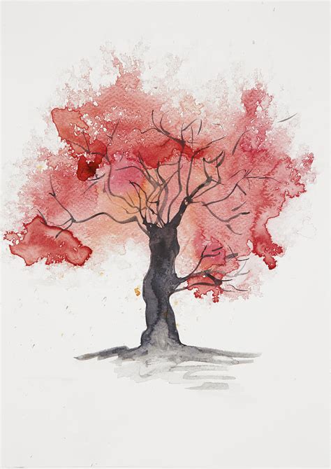 Abstract Watercolour Tree In Red Painting By Steve And
