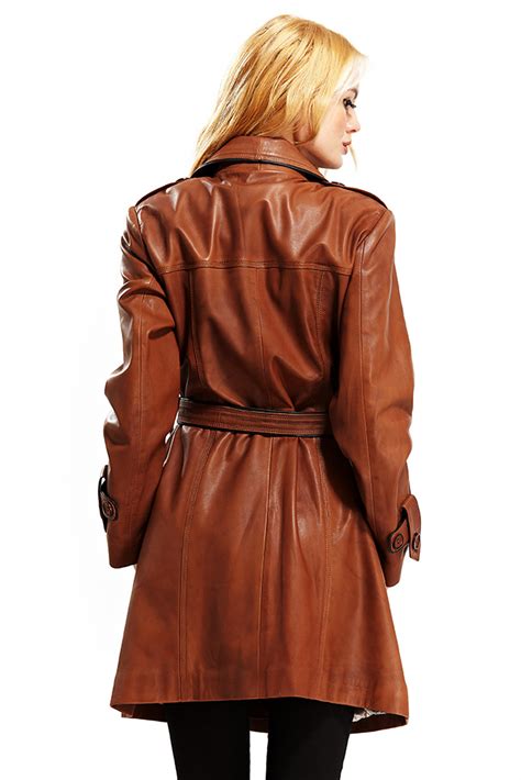 Selena Womens 100 Real Brown Leather Belted Classic Coat