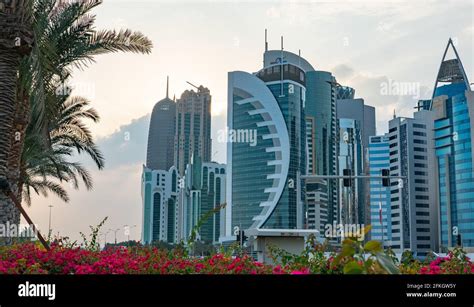 Qatar Capital City Doha Skyline With High Rise Buildings Stock Photo