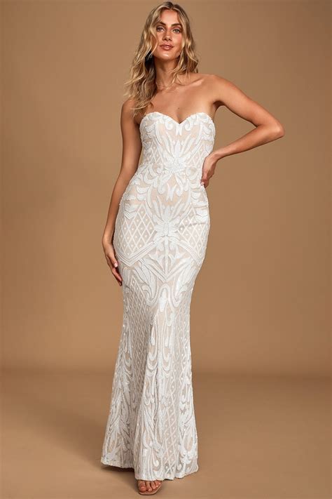 White Sequin Dress Strapless Gown Sequin Maxi Dress Lulus