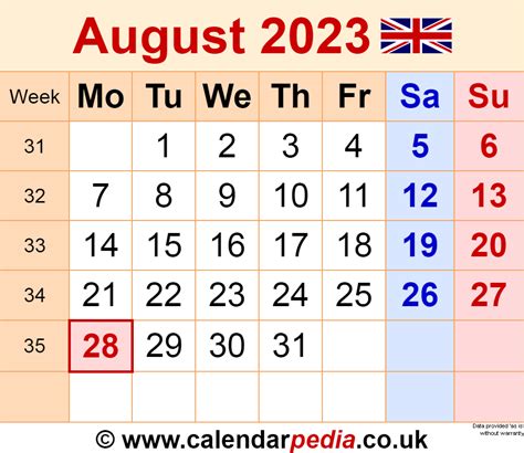 Calendar August 2023 Uk With Excel Word And Pdf Templates August 2023