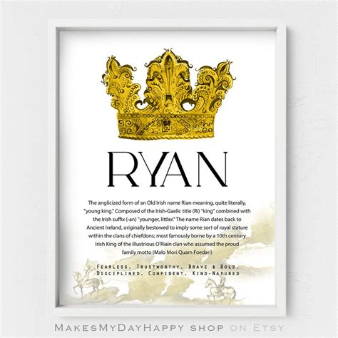 Ryan Name Meaningwatercolor Gold Crownname Origin Etsy