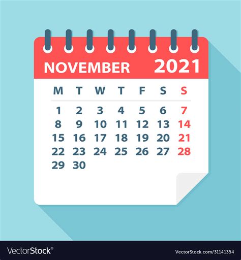 November 2021 Calendar Leaf Royalty Free Vector Image