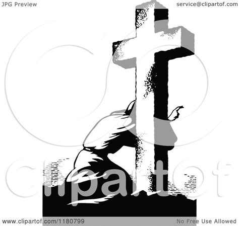Clipart Of A Retro Vintage Black And White Man Kneeling At A Cross