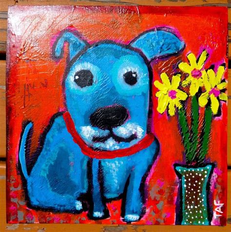 A Painting Of A Blue Dog Next To A Vase With Flowers