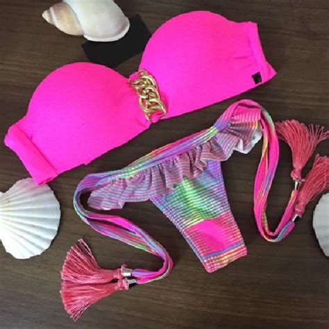 2017 New Sexy Bikini Tassel Swimsuit Bandeau Bikinis Set Pin Up Swimwear Push Up Bathing Suits