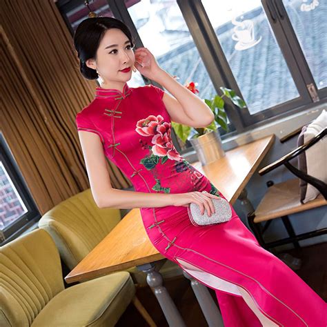 hot pink traditional chinese style evening dress women satin print flower slim qipao vintage