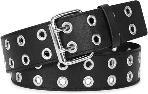 Werforu Double Grommet Belt Black Punk Belt Pu Leather Hole Belt For