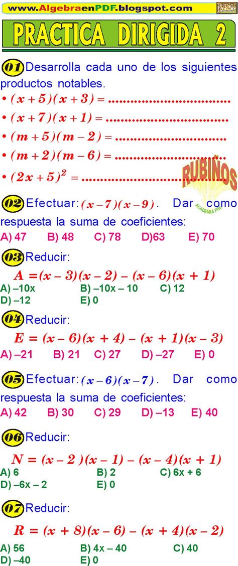 PRODUCTOS NOTABLES EJERCICIOS RESUELTOS PASO A PASO PDF