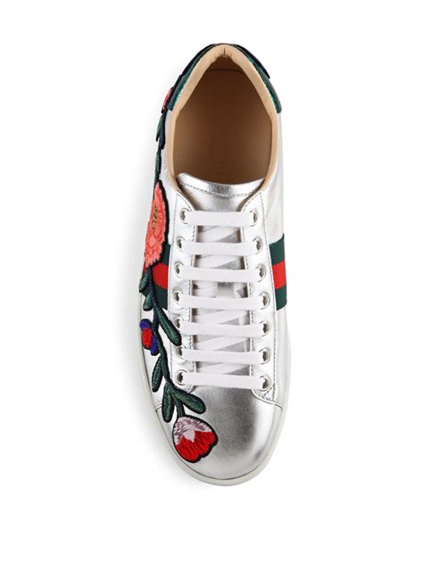 Gucci New Ace Floral Embroidered Metallic Leather Sneakers Lyst