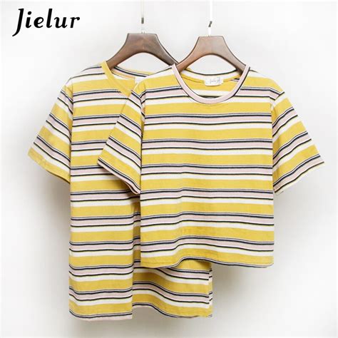 Jielur T Shirt Women Chic Hit Color Yellow Striped Tee Tops Korean Summer 2021 Harajuku Hipster