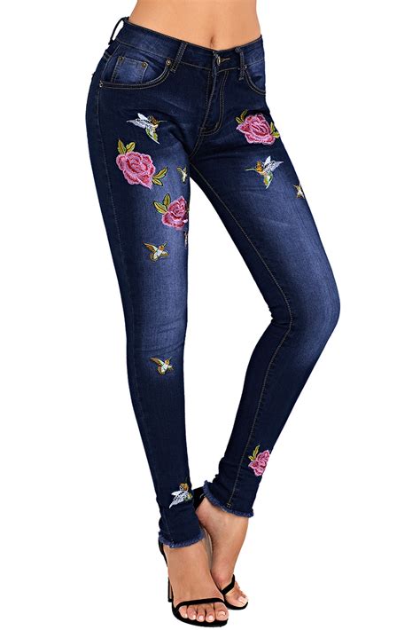 rose embroidered frayed ankle length skinny jeans denim jeans ripped skinny jeans fashion