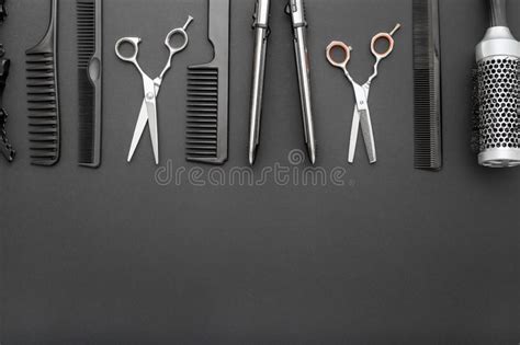 Flat Lay Composition With Hairdresser Tools Scissors Combs Hair Iron