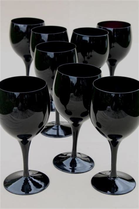 Black Glass Water Glasses Or Wine Goblets Vintage Stemware Set For 8