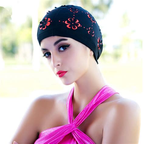 durable waterproof women adult swim cap polyester swimming bathing floral hat ebay