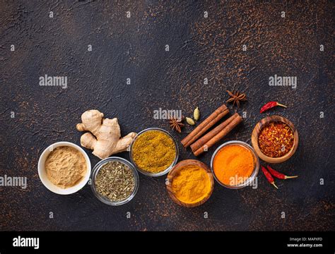 Traditional Indian Spices Turmeric Chili Pepper Curry Ginger And