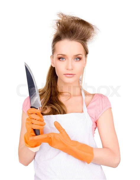 Bild Der Schönen Hausfrau Mit Großen Messer Stock Bild Colourbox