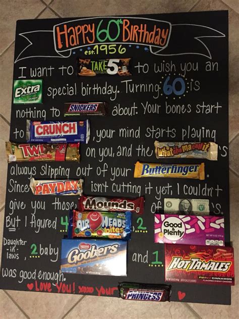 Turning 60 is a special event and takes planning and time to celebrate. Dad's 60th birthday candy board | Candy birthday cards ...