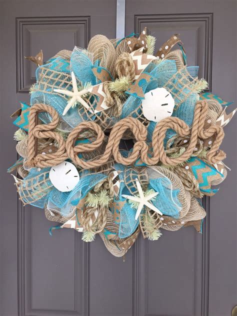 Beach Burlap Deco Mesh Wreath With Seashells Seashell Wreath Beach