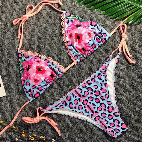 Flower Leopard Print Spaghetti Straps Lace Up Two Pieces Push Up Bikini