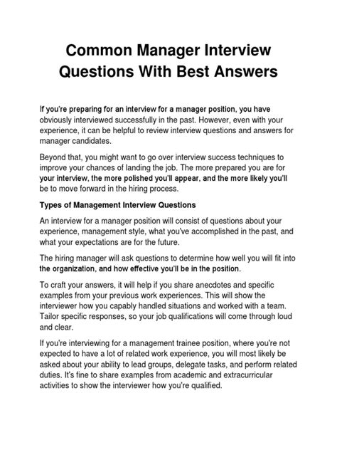 Manager Job Interview Questions And Answers Pdf Job Interview Interview