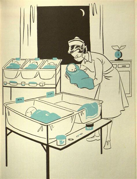Vintage Illustration Of A Nurse Holding A Baby In The Hospital Nursery