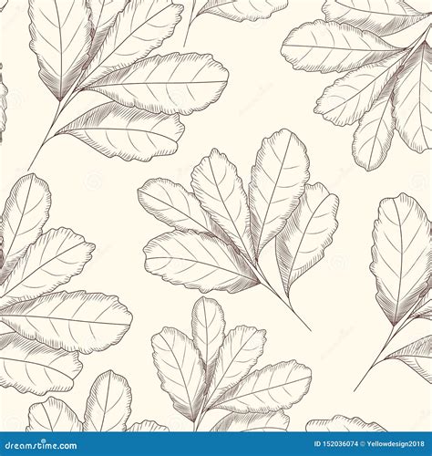 Engraved Style Leaf Seamless Pattern Hand Drawn Vector Illustration