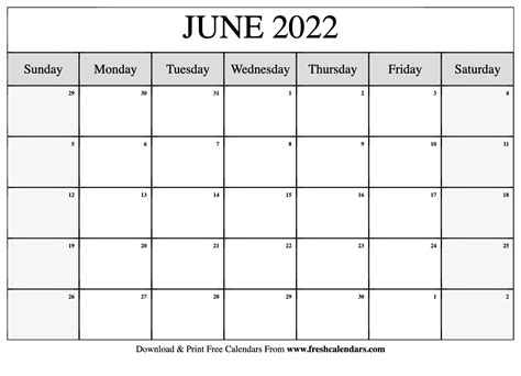 June 22 Printable Calendar