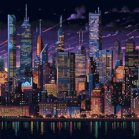 32 Pixel Art New York City At Night Generative Ai Stock Illustration
