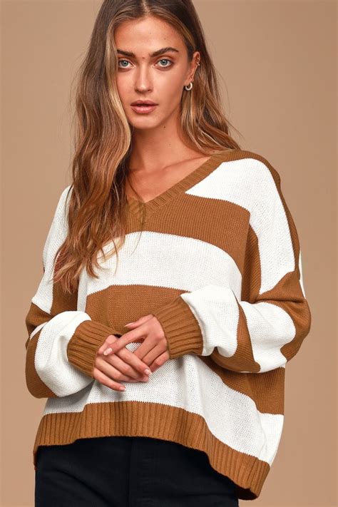 Brown And White Stripe Sweater Boxy Sweater Cozy Knit Sweater Lulus