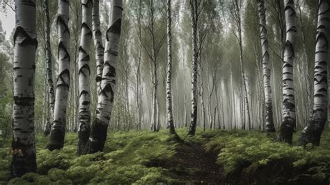Birch Trees With Fog In Forest In Beautiful Summer Background Picture