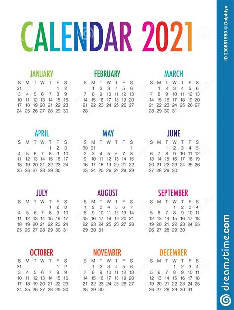 Year 2021 Calendar Vector Design Template Stock Vector Illustration