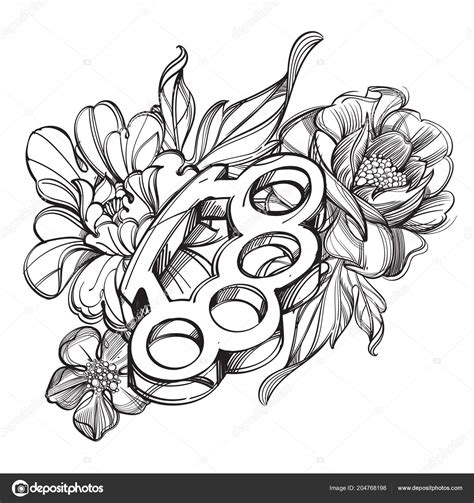 Roses are the most popular gift flowers around the world. Brass Knuckle Ribbon Banner Rose Contour Drawing Coloring Tattooing — Stock Vector © filkusto ...
