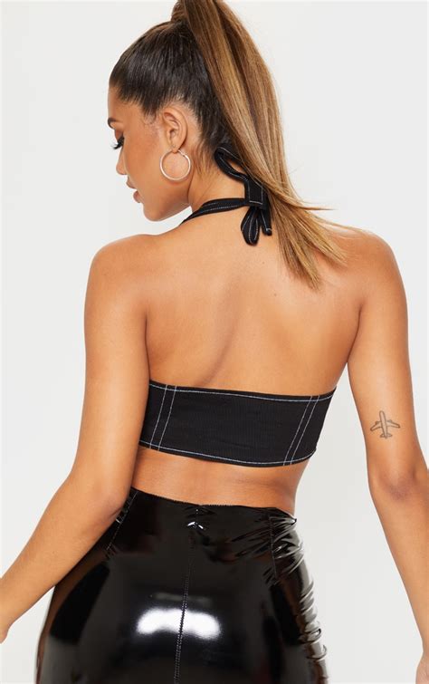 Black Halterneck Tie Crop Top Tops Prettylittlething