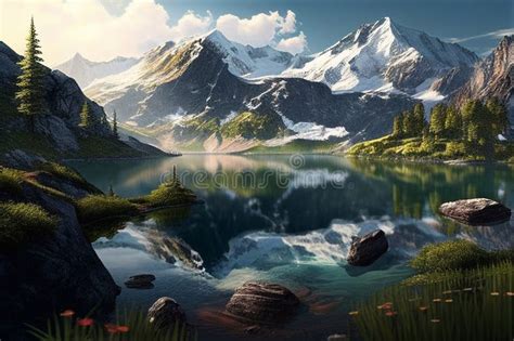 Beautiful Landscape With A Lake And Mountains Ai Generated Stock