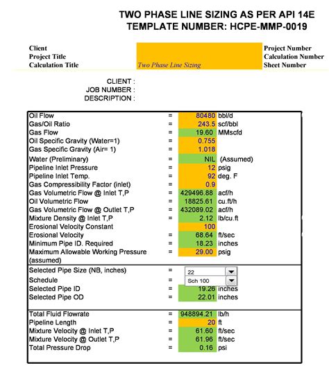 Calculation Of Two Phase Line Sizing Excelsheet Template