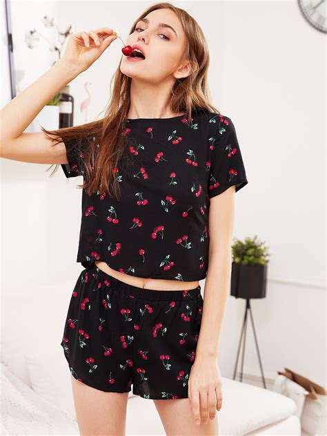 Cherry Print Top And Shorts Pajama Set Sheinsheinside