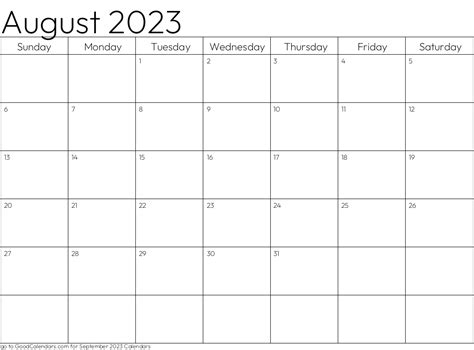 Standard August 2023 Calendar Template In Landscape