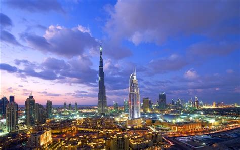 Wallpaper Dubai Skyscrapers Buildings Night Lights Clouds