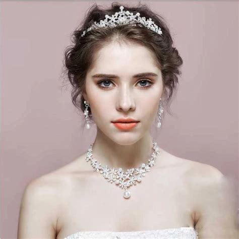 Pearl Tiara Necklace Earrings Bride Jewelry Sets Power Day Sale