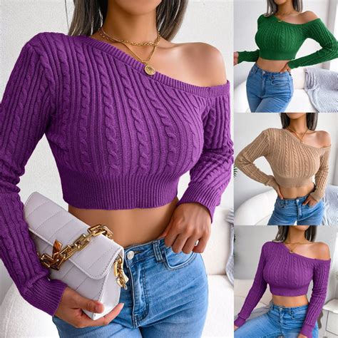 Sexy Fashion Off The Shoulder Sweater 2022 Autumn Long Sleeve Knitted Sweater Pullover Women