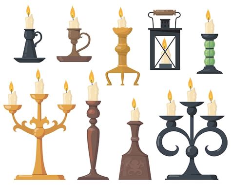 Free Vector Vintage Candles In Candlesticks Flat Set Cartoon Elegant