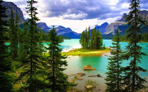 Beautiful Landscape Hd Wallpaper Turquoise Blue Lake Island Green Pine