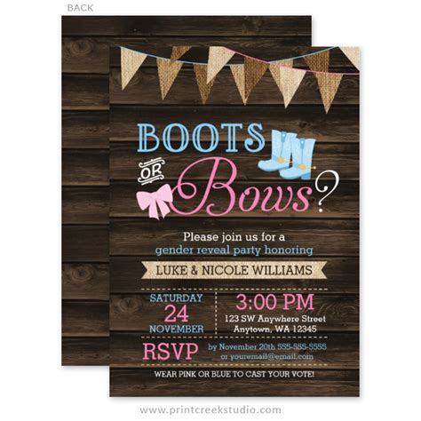 Rustic Boots Or Bows Gender Reveal Baby Shower Invitations