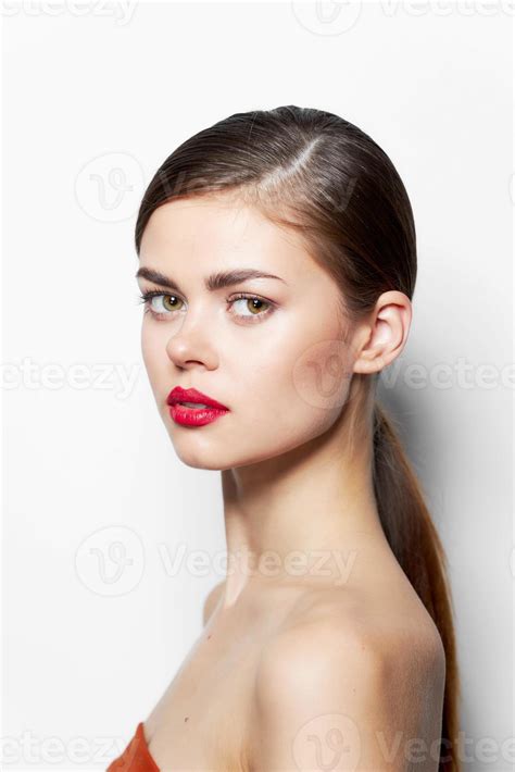 Lady With Rose Red Lips Bared Shoulders Attractive Look Bright Makeup