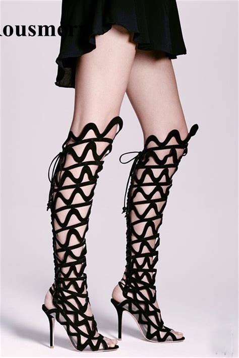 2017 new fashion women open toe black suede straps leather knee high gladiator boots cut out
