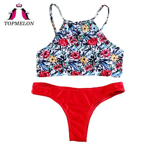 Topmelon Bikini Set Sexy Women Print Floral Halter Backless High Neck