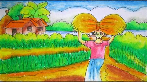 Pastel colour market scenery drawing. Village scenery in late autumn- drawing tutorial for kids step by step easy way - YouTube